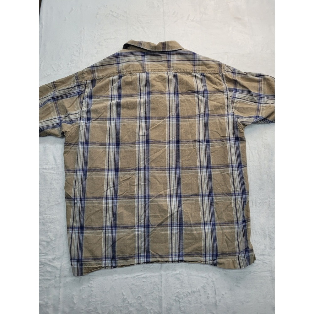 Solaris Button Down Shirt Mens Large Tan Blue Plaid Short Sleeve
